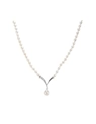 Beautiful 925 Sterling Silver 3.0-7.0mm Cream Pearl Women Necklace with Cubic Zirconia/CZ - 15.7 inch