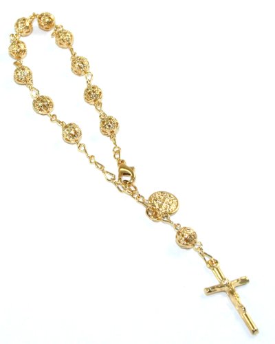 Gorgeous 24k Yellow Gold Layered Filigree Beaded Rosary Bracelet with Crucifix and Coin Charms ~ Comes in a Beautiful Velour Gift Box