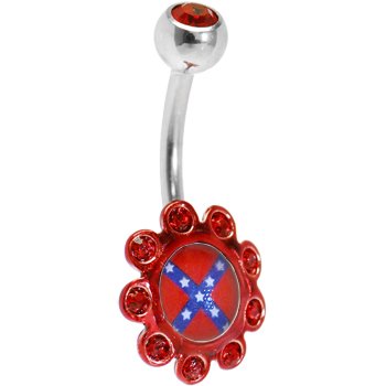 Ruby Red Gem CONFEDERATE FLAG Logo FLOWER Belly Ring