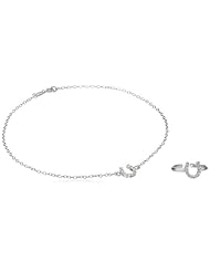 Sterling Silver Toe Ring and Chain Anklet with Cubic Zirconia Horseshoe, 10"