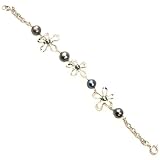 Pearl Black Bracelet 7.5mm Flower CZ Diamonds Sterling Silver Tarnish Free By Bucasi