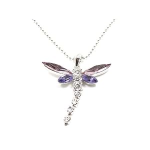 Beautiful Large Purple and Ice Crystal Dragonfly Charm Necklace Silver Tone Tail Moves