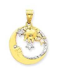 14k Gold and Rhodium D/C Moon, Stars, and Sun Pendant