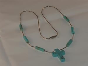 Liquid Silver Necklace with Turquoise Beads with Cross - NK-0025