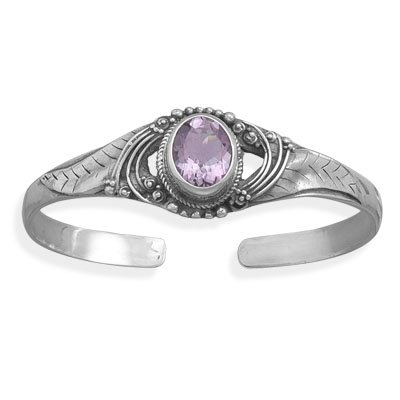 Oval Faceted Amethyst Leaf Design Cuff 925 Solid Sterling Silver Unique