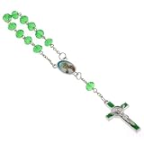 Green Crystal Single Mystery Hand or Auto Rosary with Pope John Paul II Centerpiece and Matching Saint Benedict Cross - 6.5'' Overall Length