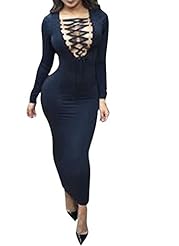 Sexy V-neck Plunging Neck Lace-Up Long Sleeves Ankle Length Club Dress/Party Dress/Midi Dress 
