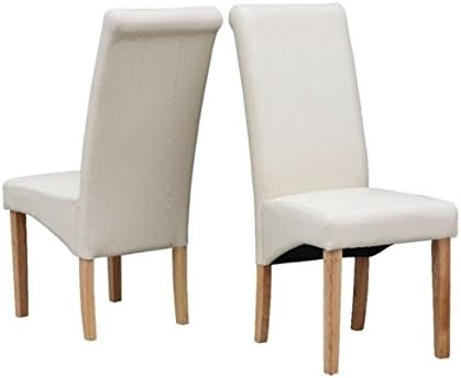 Yopih Leather Black Dining Chair w Oak Finish Wood Legs Roll Top High Back 3 Pairs(6 Pieces) (Cream)