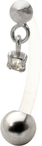 Tiny Prong Set Cubic Zirconia - 925 Sterling Silver & Bioplast Silver Upper Dangle Belly Ring