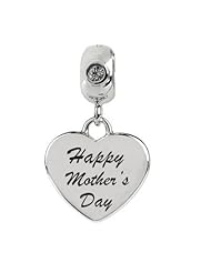 Mothers Day Best Gift, Sterling Silver Heart Shape "Happy Mothers Day" European Dangle Bead Charm with Diamond Color Swarovski Crystals ,Fits Jovana and All Brands Bead Bracelets. Can Be a Very Pretty Necklace Pendant.
