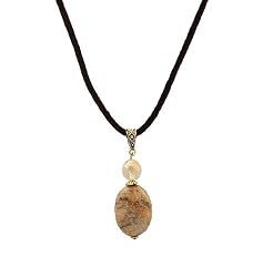 Necklace - N55 - Genuine Semi Precious Gemstone on Brown Velvet Flock Cord + 2" Extension Chain - Oval Shape ~ Pink Kiwi Jade