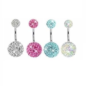 Lot of 4 Pieces Belly Button Ring Swarovski Element Crystal Stones Double Gem Clear, Pink, Aquamarine, ABCrystal Belly Bling Rings Banana Curve Piercing + 1 Free Belly Retainer 14G (1.6mm)