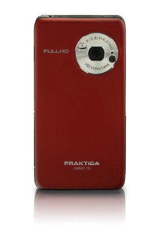 Praktica DMMC-10 Full HD-Videokamera (1080p, mit Fotofunktion (5,0 Mega Pixel), 8,9 cm (3,5Zoll) Display) mit eingebautem Projektor, rot inkl. Tasche