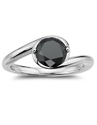 1.50 Cts AAA Round Black Diamond Solitaire Ring in 14K White Gold {DIAMOND APPRAISAL INCLUDED}