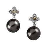 18K Two-Tone Gold Tahitian Cultured Black Pearl and Diamond Earrings