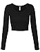 KOGMO Womens Long Sleeve Basic Crop Top Round Neck With Stretch -S-BLACK