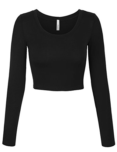 KOGMO Womens Long Sleeve Basic Crop Top Round Neck With Stretch -S-BLACK