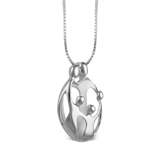 Loving Family® Large Sterling Silver Pendant with Extender - Parents and 3 Children