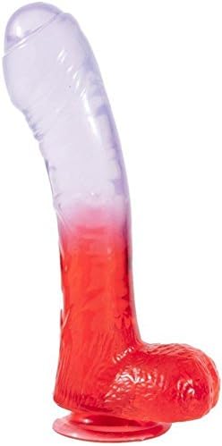 6.5" Slightly Curved (Clear/red) Uncircumsized, Jelly Cock & Balls with Suction Cup Base