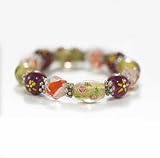 Lampwork Glass Beads Stretch Bracelet Burgundy Yellow Daisy- 7 Inches