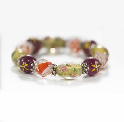 Lampwork Glass Beads Stretch Bracelet Burgundy Yellow Daisy- 7 Inches