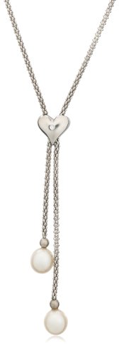 Sterling Silver Freshwater Cultured Pearl Drop and Sterling Silver w/ Diamond Accent Heart Necklace, 16.5