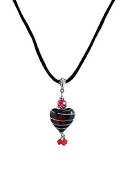 Necklace - N87 - Heart Shape Murano Style Glass with Swarovski Crystal Dangles ~ Red and Black Stripe
