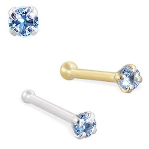 14K Gold Nose Bone with 1.5mm Round Blue Topaz CZ, 22 Ga by 