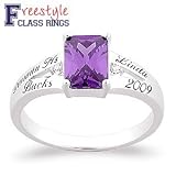 Ladies Sterling Silver Emerald-cut Birthstone Class Ring - Personalized Jewelry