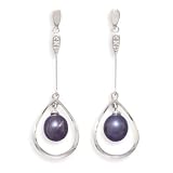 14k White Gold Post Drop Earrings with Diamond Accents and Cultured Freshwater Rice Pearl