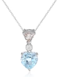 10k White Gold Morganite, Blue Topaz and Diamond Heart Pendant Necklace, (0.07 cttw, G-H Color I2-I3 Clarity), 17"