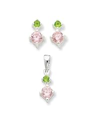 Sterling Silver Pink & Green CZ Earring & Pendant Set