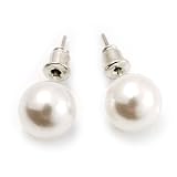 White Lustrous Faux Pearl Stud Earrings (Silver Tone Metal) - 9mm Diameter