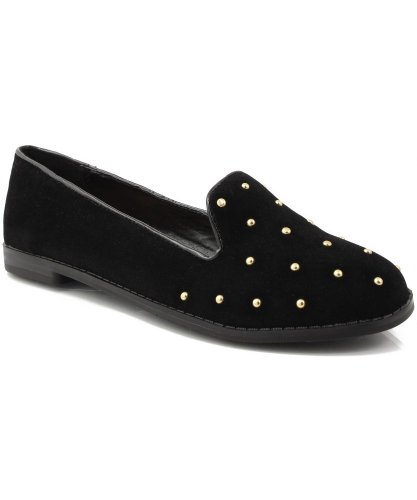Qupid Strip-56 Studded Round Toe Loafer Flat BLACK