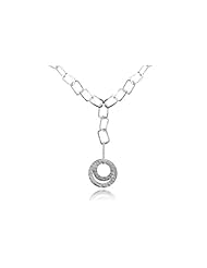 14K White Gold Matte-Finish Hand-Crafted Open Link Necklace, Designed with a Round-Shape Hammered-Finish Drop and Enhanced with Pave Set Diamonds.