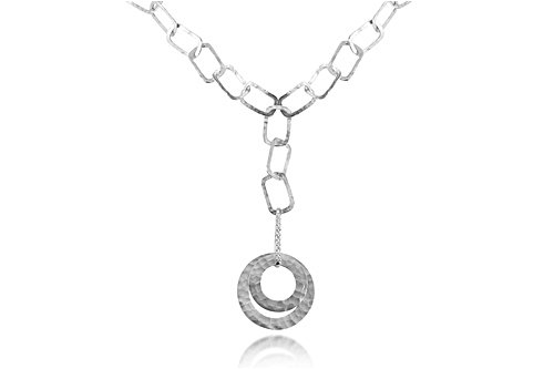 14K White Gold Matte-Finish Hand-Crafted Open Link Necklace, Designed with a Round-Shape Hammered-Finish Drop and Enhanced with Pave Set Diamonds.