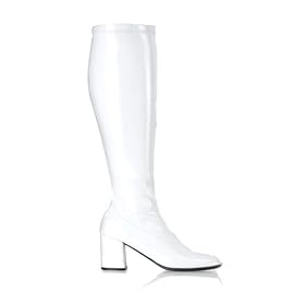 Womens GOGO Boots WIDE WIDTH WIDE CALF Stretch Patent Boot 3 Inch Heel White