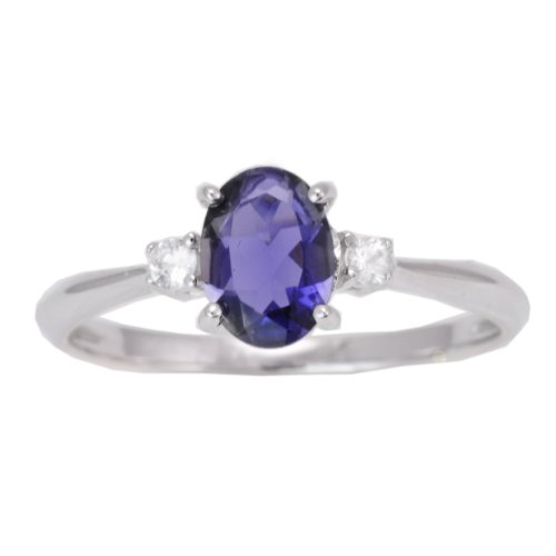 14K White Gold Iolite and White Sapphire Exotic Gemstone Solitaire Ring, Size 7