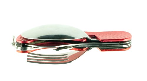 Huntington lot de couverts de camping 4-pièces (couteau, fourchette, cuillère, ouvre bouteille) en métal, rouge