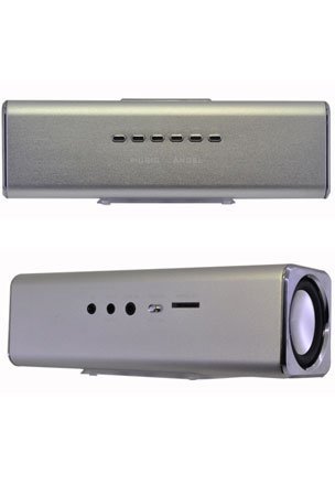 Music Angel Mini MP3, MP4, CD, iPod, iPhone, PC, Notebook, Mobile Phone, USB, TransFlash, FM Radio, Speaker, Player - Silver Color