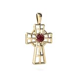 14K Yellow Gold Round Genuine Ruby Celtic Cross Pendant