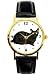 Black Cat watch classic size of 1.1/4 inch diameter Has gold tone case with black leather band. Battery operated.