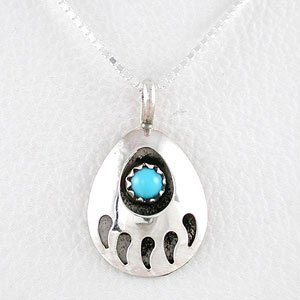 Native American Bear Paw Pendant in Sterling Silver with Turquoise Center Stone on a 16 Box Chain, #8321