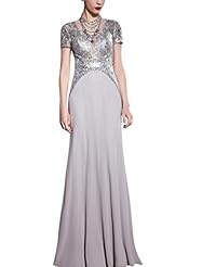A-line V-neck Cocktail Floor Length Sequined Beaded Short Sleeves Satin Homecoming Dress/Pageant Dress/Prom Dress/Party Dress/Wedding Dress 