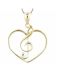 14K Gold Heart and Treble Clef Necklace Pendant with Box Chain