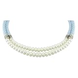 Silver and blue leather 2-strand necklace with 7-7.5mm white freshwater pearls