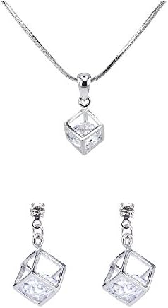 SO SEOUL Women's Diamond Simulant Rubik Cube Drop Earrings + Necklace Set