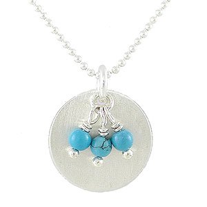 Round Brushed Satin Disc Pendant in Sterling Silver with Turquoise Gemstone Beads on a 16" Sterling Bead Chain, #7873