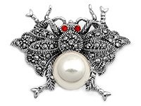 Brooch with Mother of Pearl, Red CZ, Marcasite and Sterling Silver