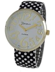 Geneva Platinum 12925912 Womens Polka Dot Print Stretch Bracelet Watch- BLACK/WHITE